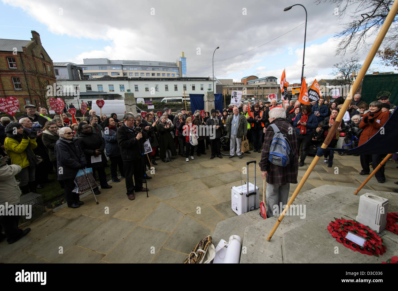 London, 15 February 2013 - Lunchtime Rally at the war memorial by the Save Lewisham Hospital campaigners against NHS cuts to the Maternity and A&E departments Stock Photo