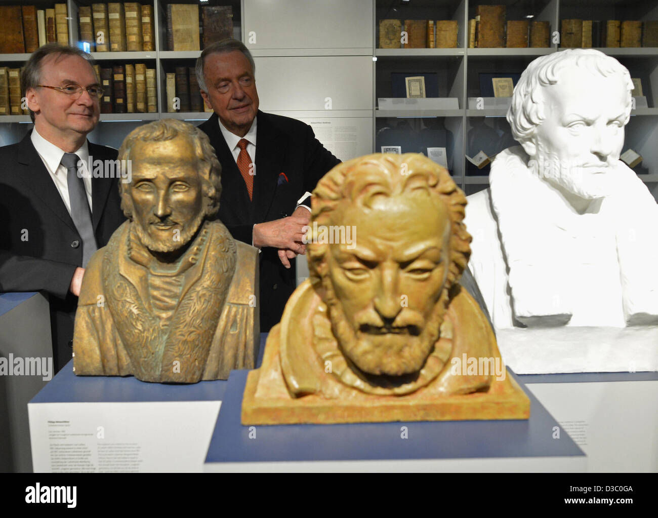 Wittenberg, Germany, 15the Feb,  2013. Saxony-Anhalt Premier Reiner Haseloff (L) and Minister of State for Culture Bernd Neumann look at different busts of reformer Philipp Melanchthon at the Melanchthon House in Wittenberg, Germany, 15 February 2013. With the exhibition 'Philipp Melanchthon: Life - Work - Reception' the museum reopens after its renovation. Photo: HENDRIK SCHMIDT/Alamy Live News Stock Photo