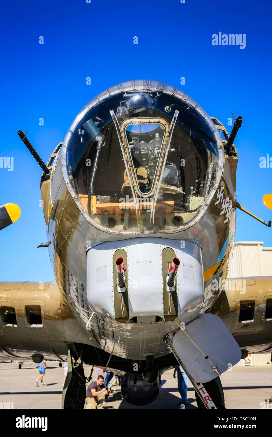 WWII Boeing B17G Flying Fortress nose with four .5cal machine guns Stock Photo