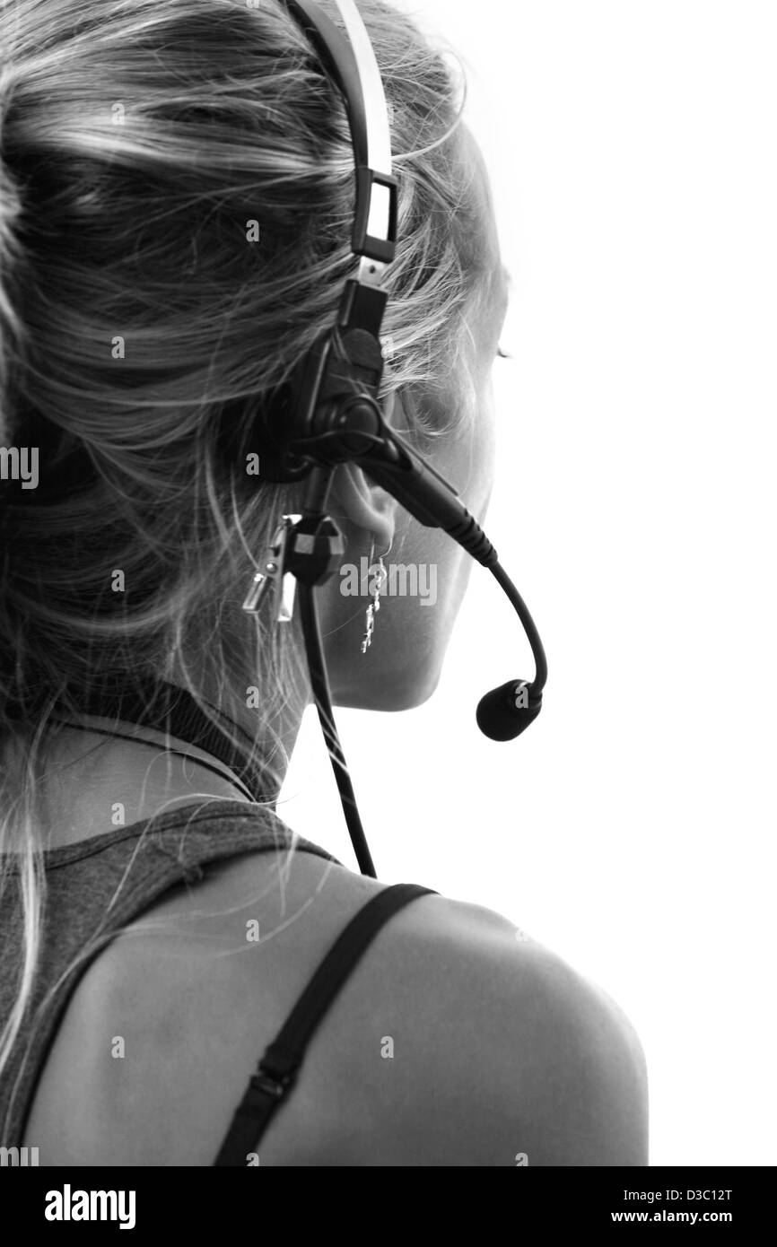 Woman in white headphones Black and White Stock Photos & Images - Alamy