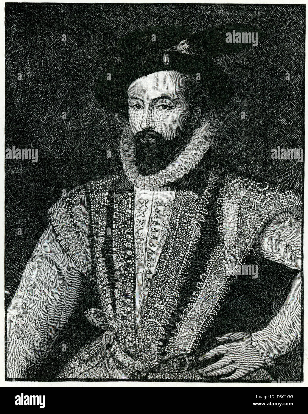 Vintage engraving of Sir Walter Raleigh an English aristocrat, writer, poet, soldier, courtier, spy, and explorer. Stock Photo