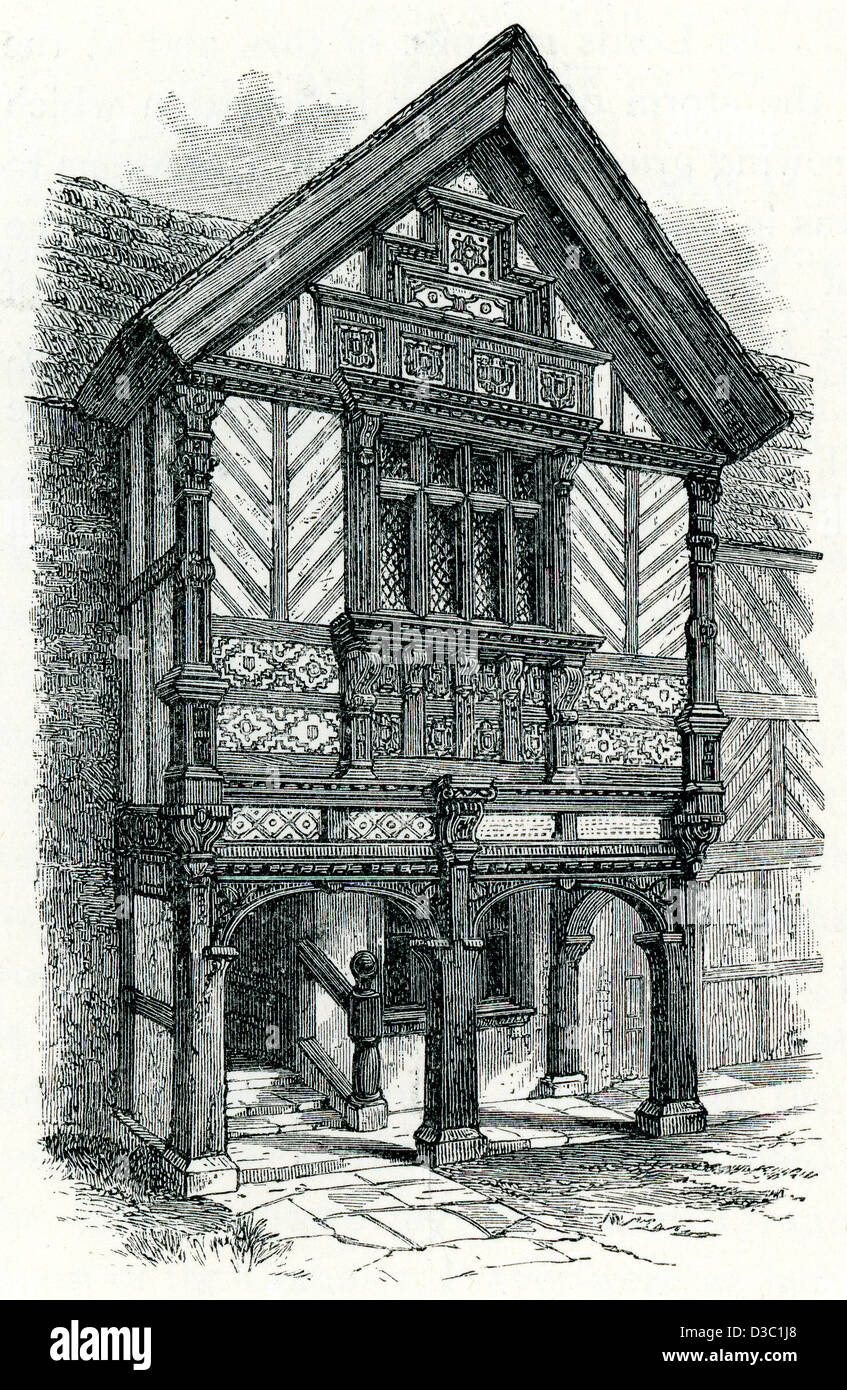 Vintage engraving of the Town Hall, Nantwich, Cheshire, England. Built 1611 Stock Photo