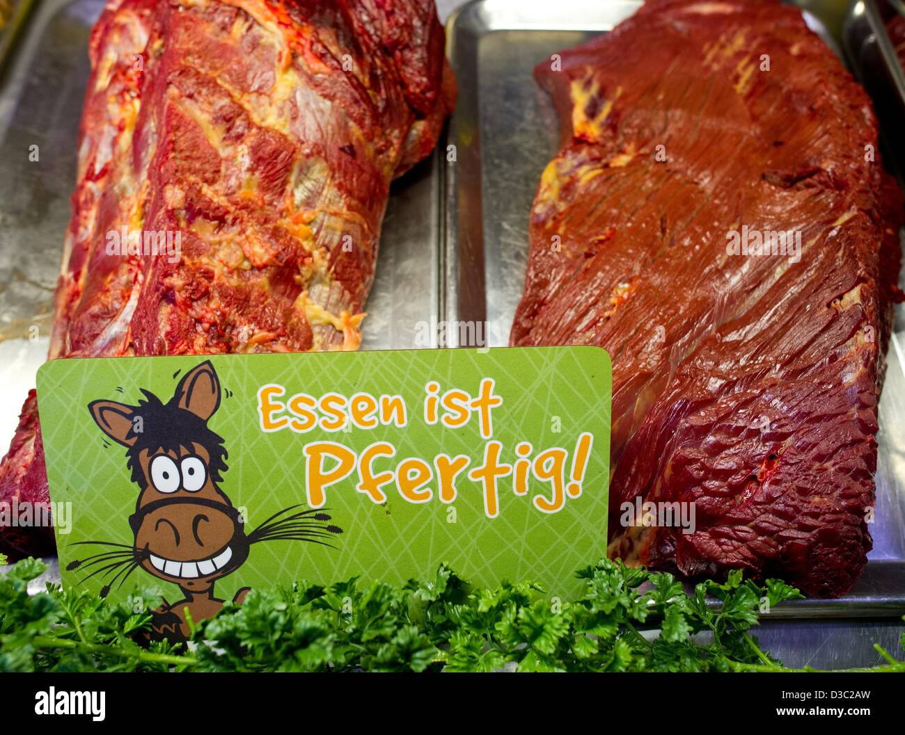 Prenzlau, Germany. 15th Feb, 2013. Fresh horse meat is on display in a