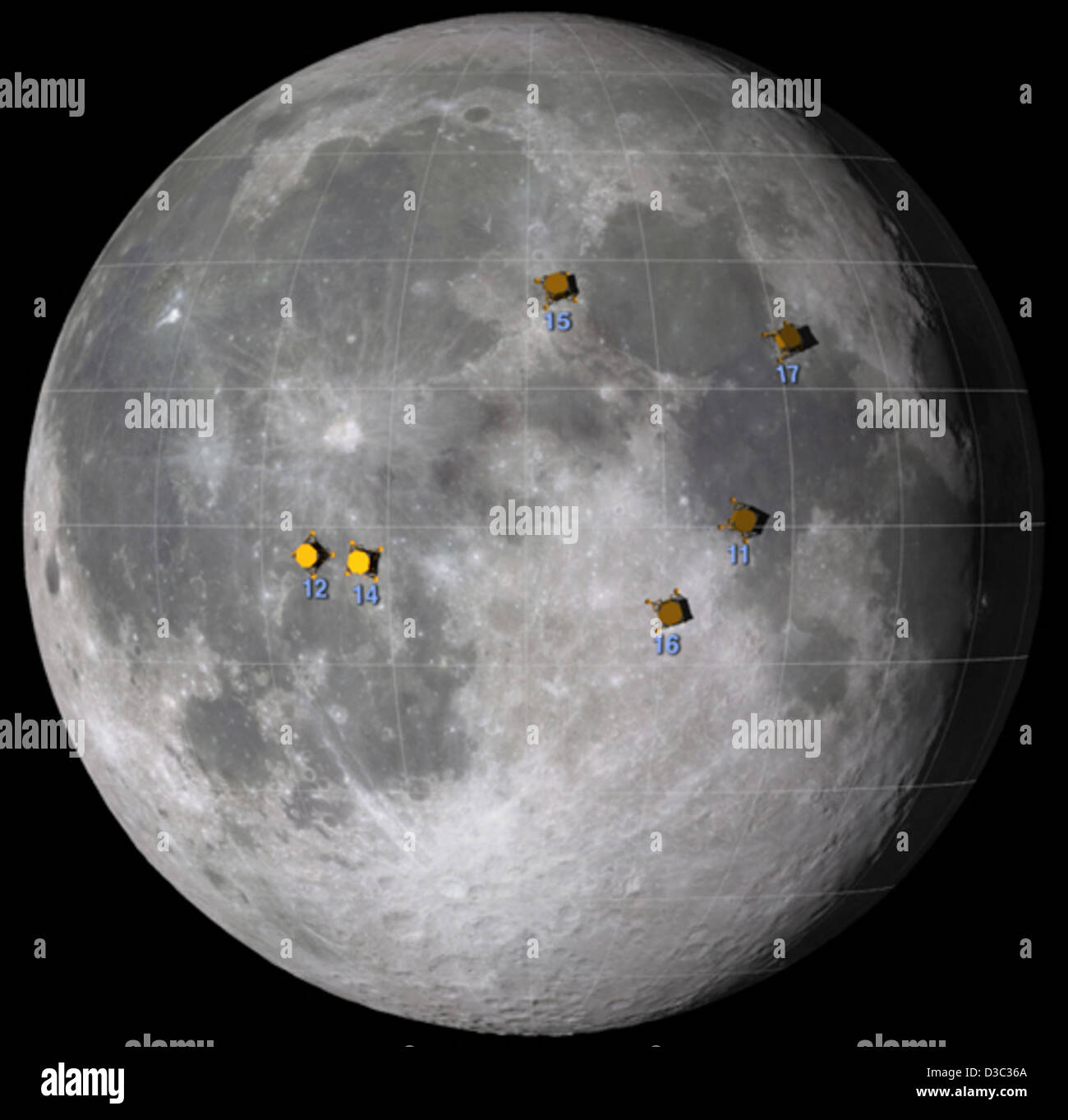 Apollo Landing Sites on the Moon (NASA, Moon, 7/17/09) Stock Photo