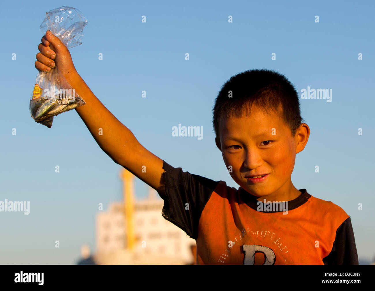 Kids Fishing, Wonsan, North Korea Stock Photo
