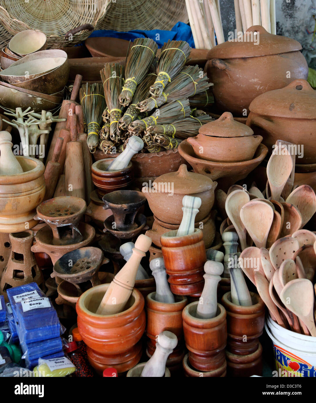 CARIBBEAN KITCHEN UTENSILS AND CRAFTS,MARKET STALL,CASTRIES,ST.LUCIA Stock Photo