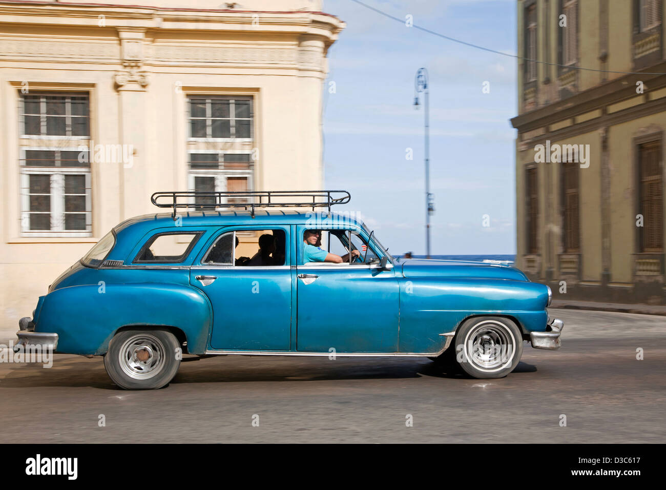 Blue old 1950s vintage American car / Yank tank in Havana, Cuba, Caribbean Stock Photo