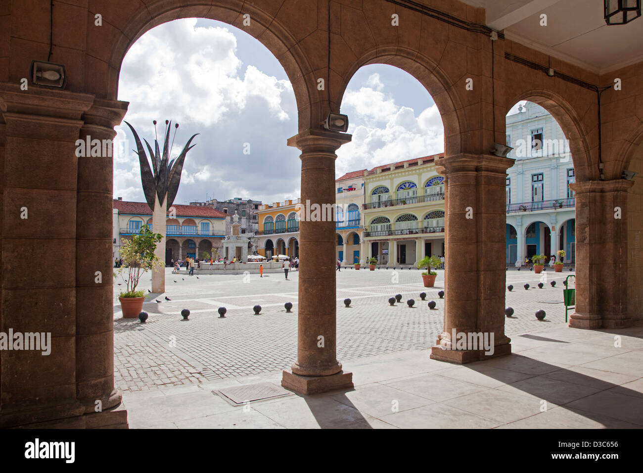 Colonial buildings along the Old Square / Plaza Vieja in Old Havana / La Habana Vieja, Cuba, Caribbean Stock Photo