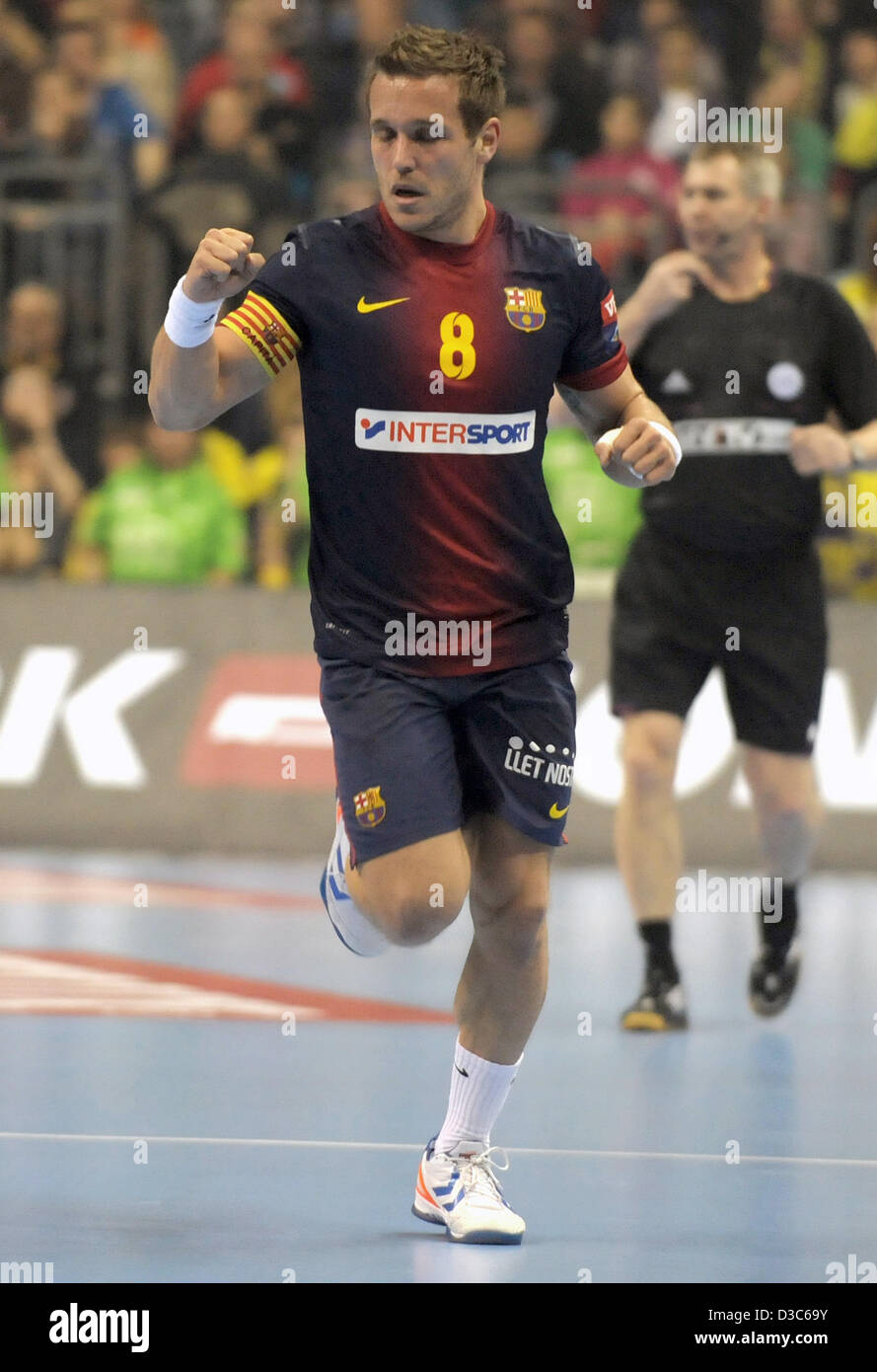 Barcelona's Victor Tomas Gonzalez celebrates a goal during the Handball  Champions League match between Fuechse Berlin