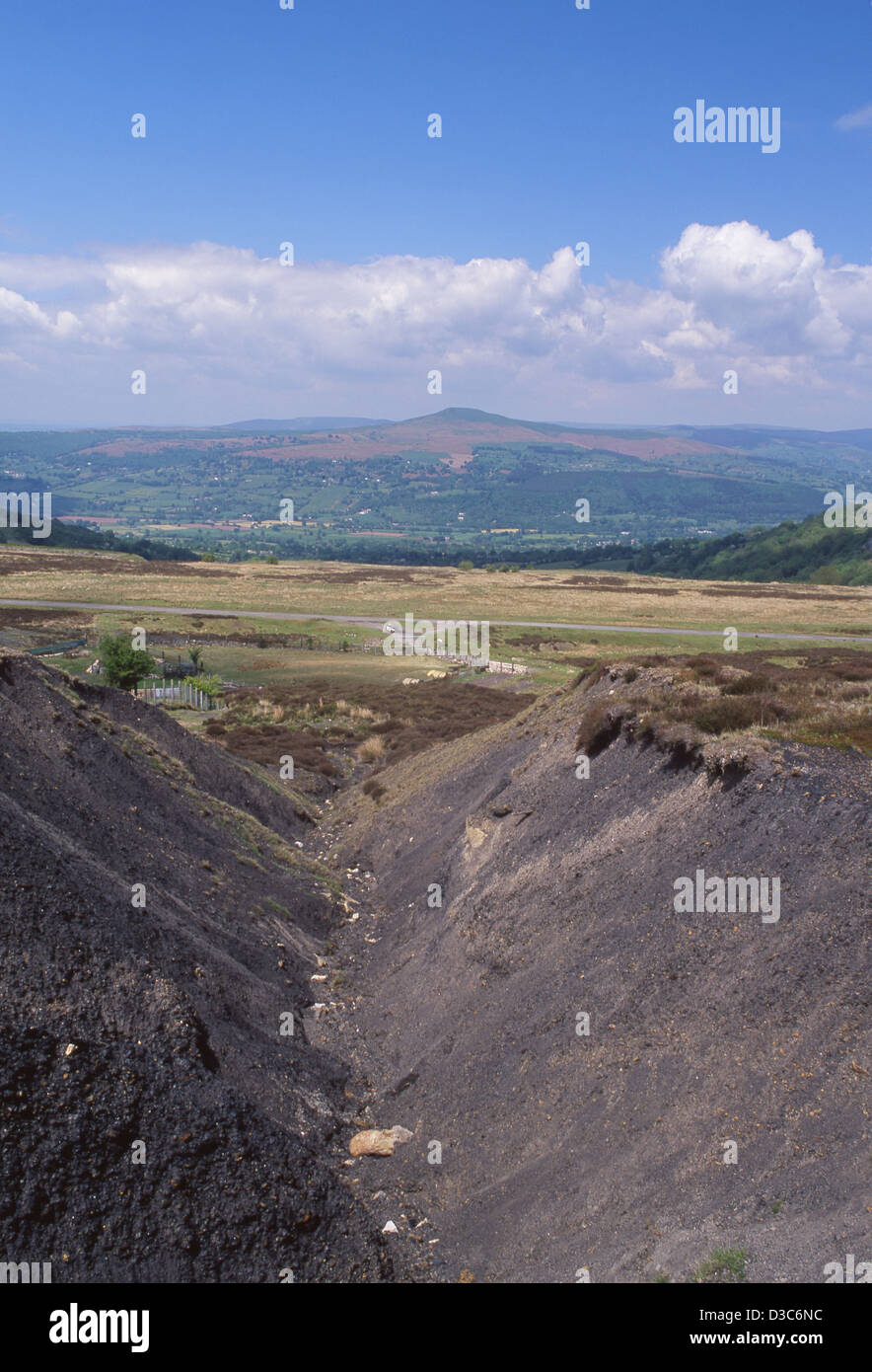 Canada Tips Coal waste tips on Blorenge with view across Usk Valley to Sugar Loaf mountain Near Blaenavon South Wales UK Stock Photo