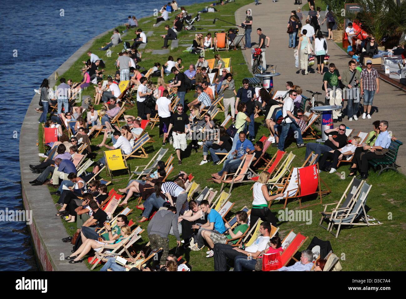 Berlin, Germany, tourists in the beach Capital Beach on the River Spree Stock Photo