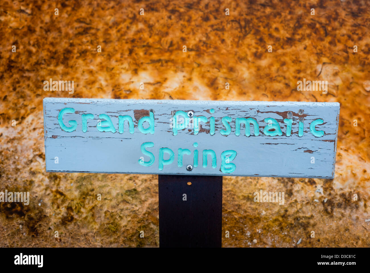 Sign at the Grand Prismatic Spring geo-thermal area in Yellowstone National Park, Wyoming, USA Stock Photo