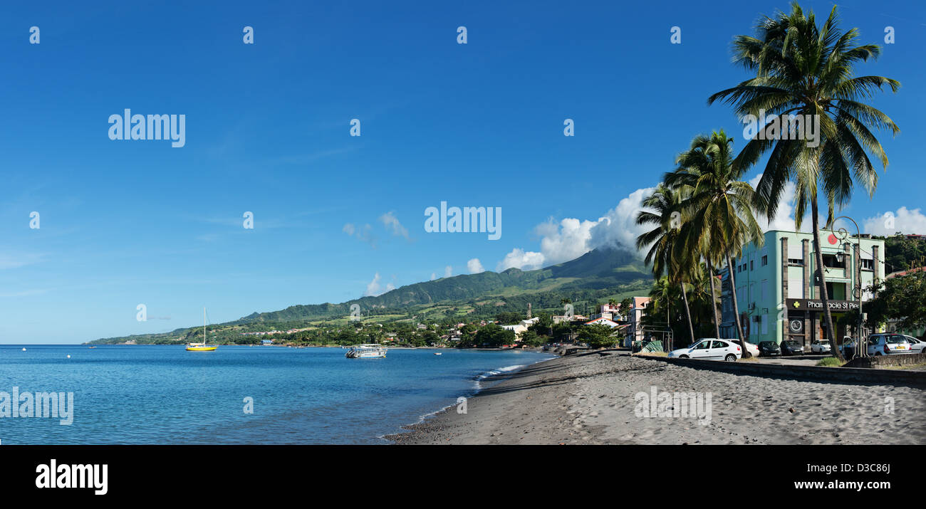 view from the beach of Historical city of Saint-Pierre, Martinique Island, Lesser Antilles,  Caribbean Sea, France Stock Photo