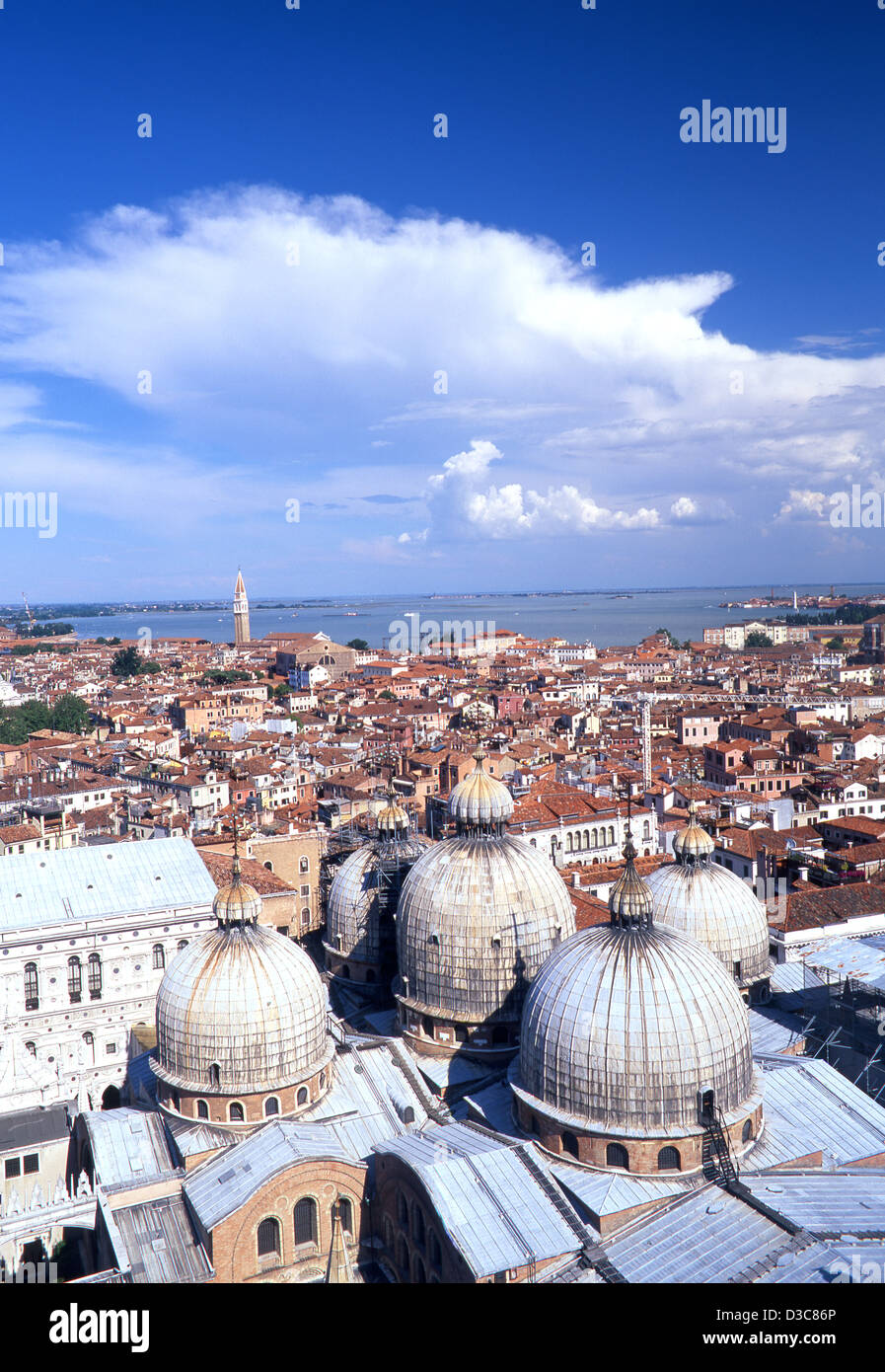 View over St Mark's Basilica domes and Castello to lagoon from Campanile Venice Veneto Italy Stock Photo