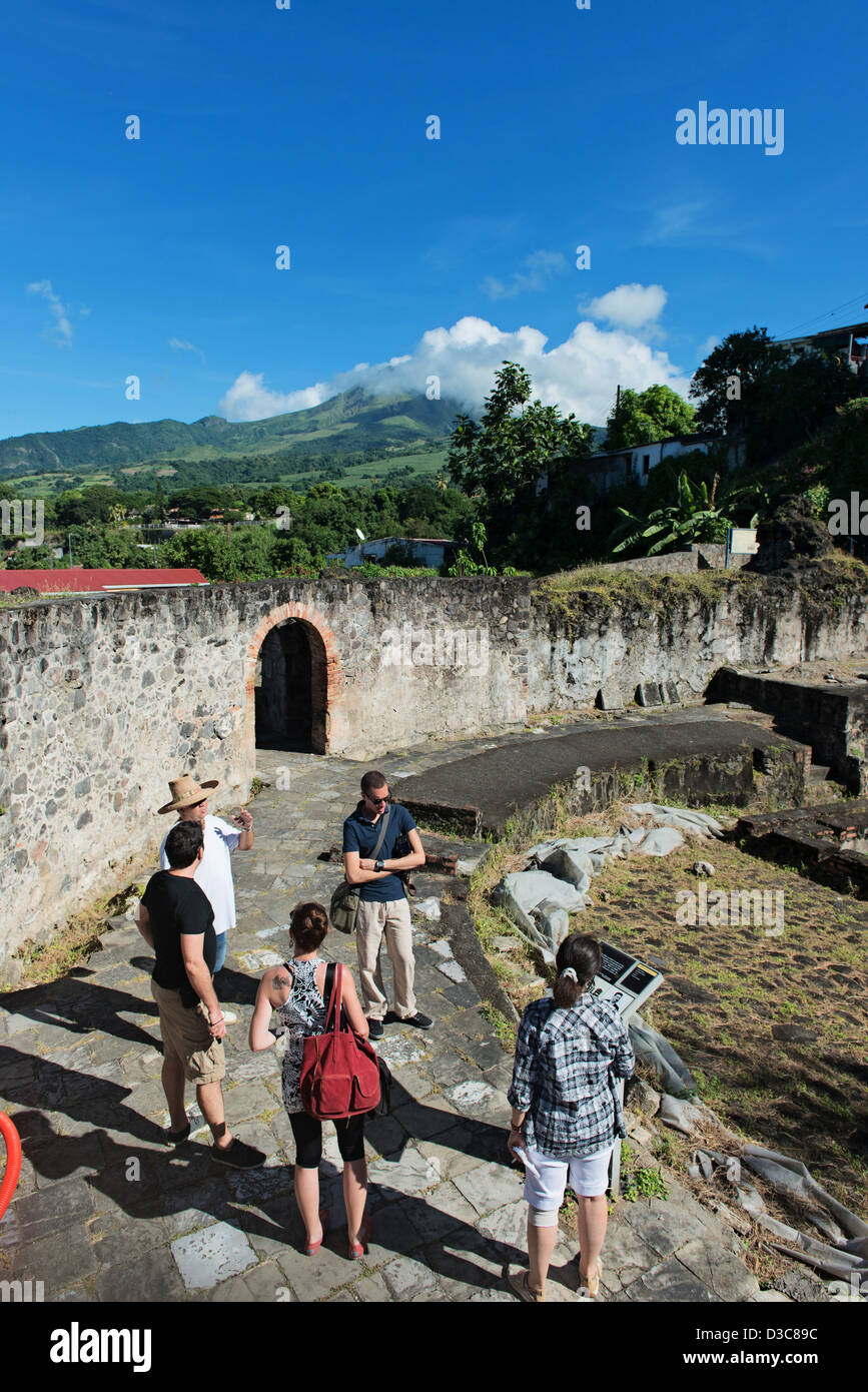 tourists and group visiting Historical city of Saint-Pierre, Martinique Island, Lesser Antilles,  Caribbean Sea, France Stock Photo
