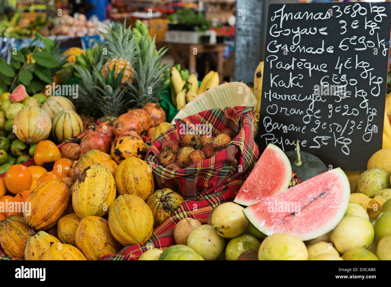 Tropical fruits and vegetables at Fort-de-France market, Martinique Island, Caribbean Sea, Lesser Antilles, France Stock Photo