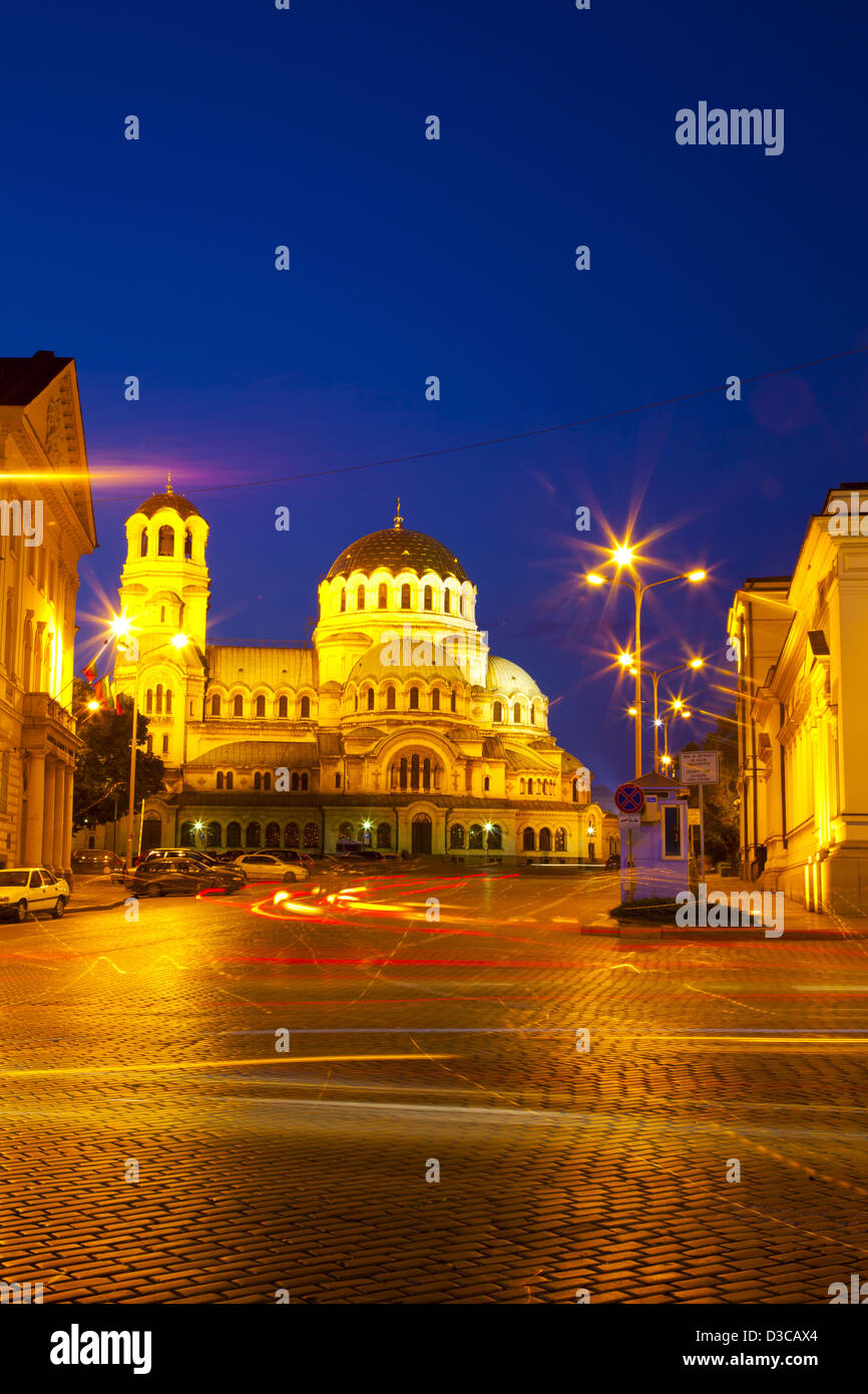 Bulgaria, Europe, Sofia, Floodlit Aleksandur Nevski Memorial Church From Ploshtad National Assembly Square. Stock Photo