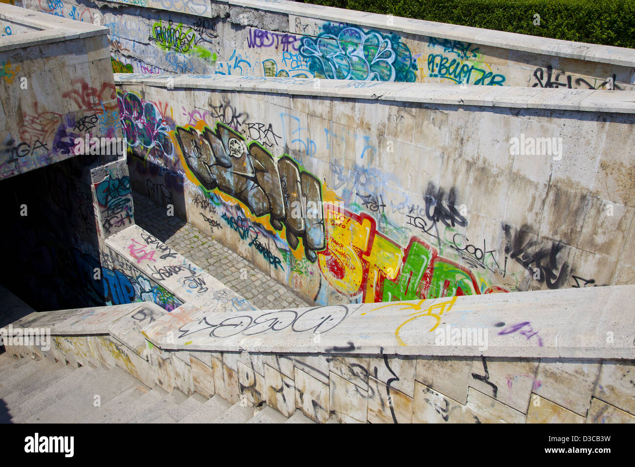 Bulgaria, Europe, Plovdiv, Graffiti Lining The Street Steps To Lower Level Street. Stock Photo