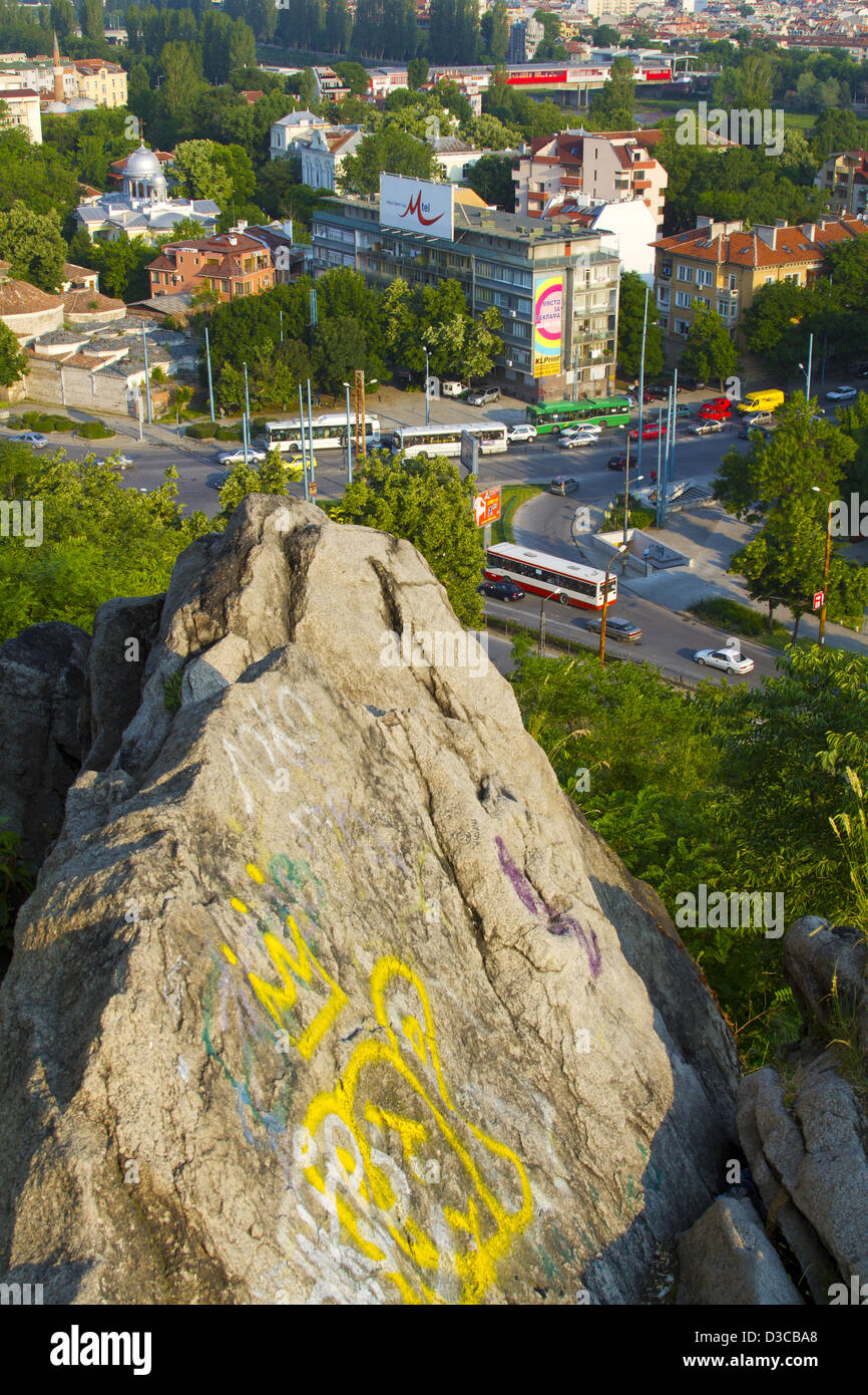 Bulgaria, Europe, Plovdiv, Western Plovdiv Viewed From Nebet Tepe, Prayer Hill, Archaeological Complex, Graffiti On Rock Stock Photo