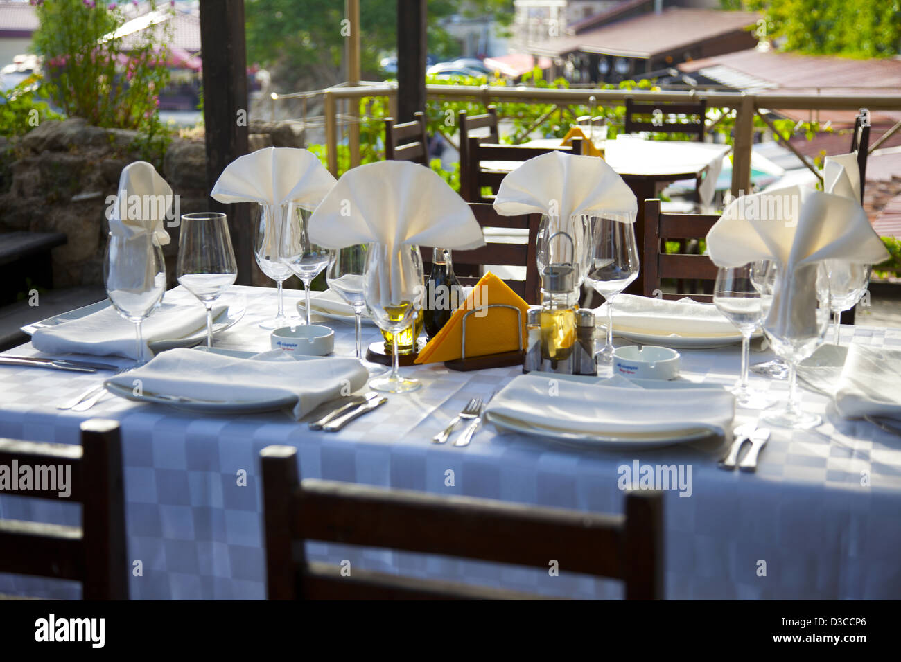 Bulgaria, Europe, Black Sea, Nessebar, Restaurant Dining Table Overlooking The South Bay Harbor. Stock Photo