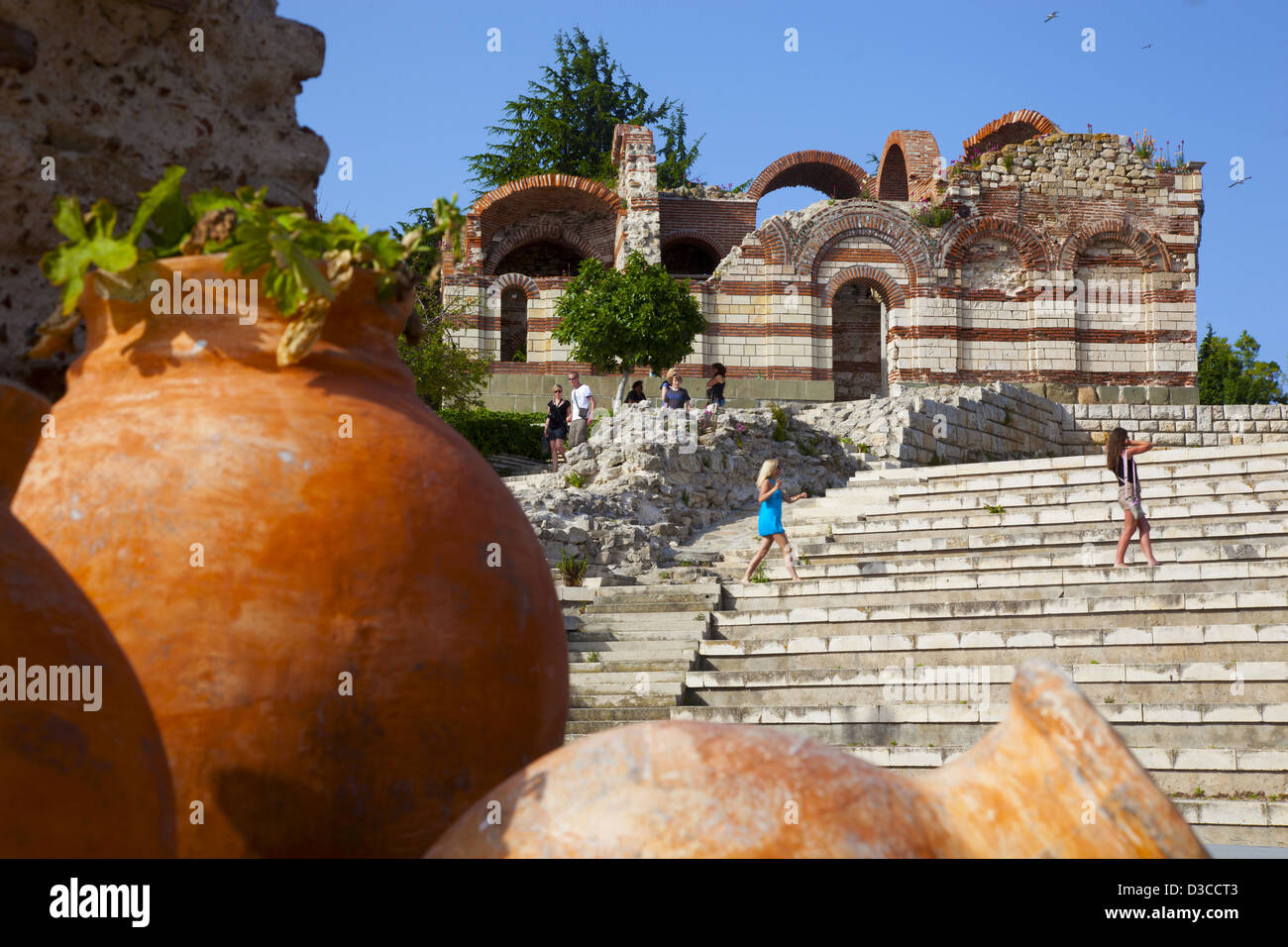 Bulgaria, Europe, Black Sea, Nessebar, Old Town, Ruins Of The Church St. John Aliturgetos, Pottery Pots In Foreground Stock Photo