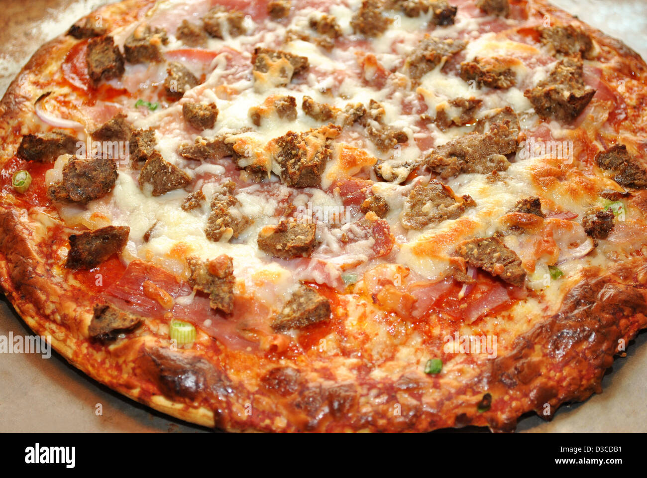 Whole Homemade Meat Pizza Stock Photo Alamy