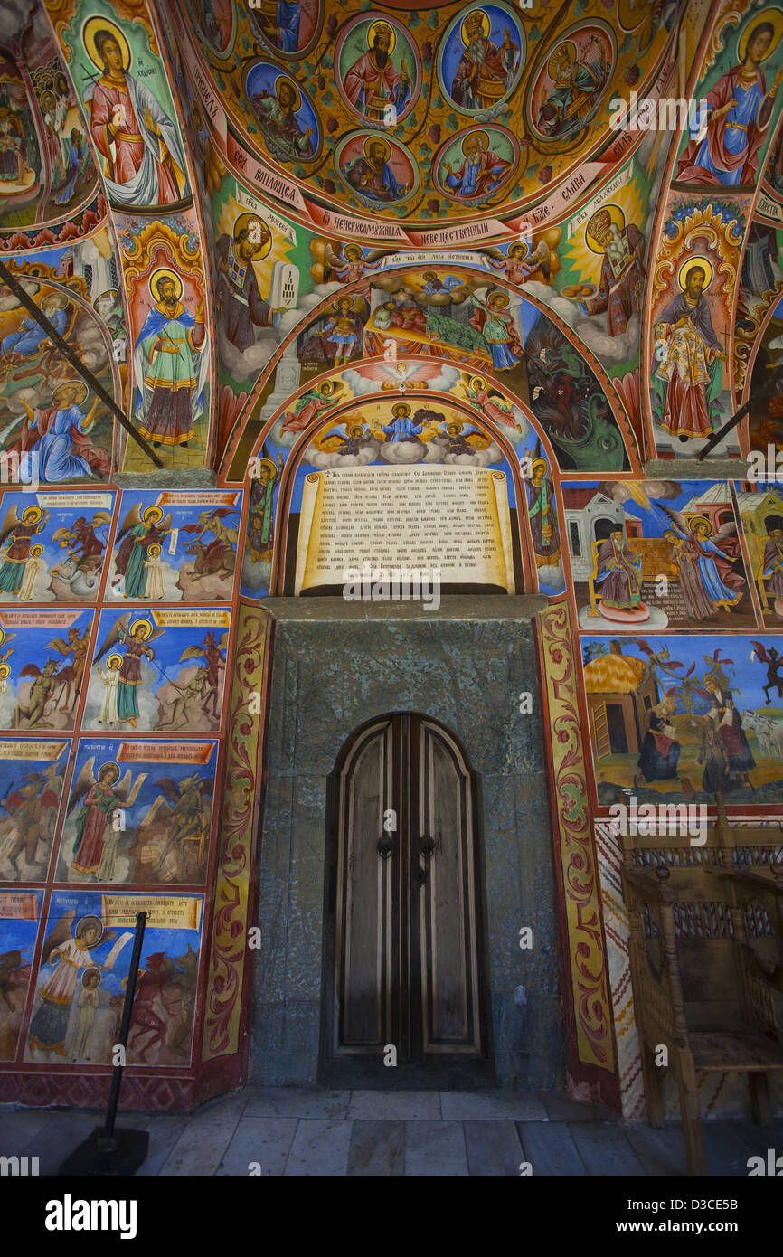 Bulgaria, Europe, Rila Monastery, Courtyard, Church Of The Nativity, Arcade Murals Depicting Religious Figures And Scene Stock Photo