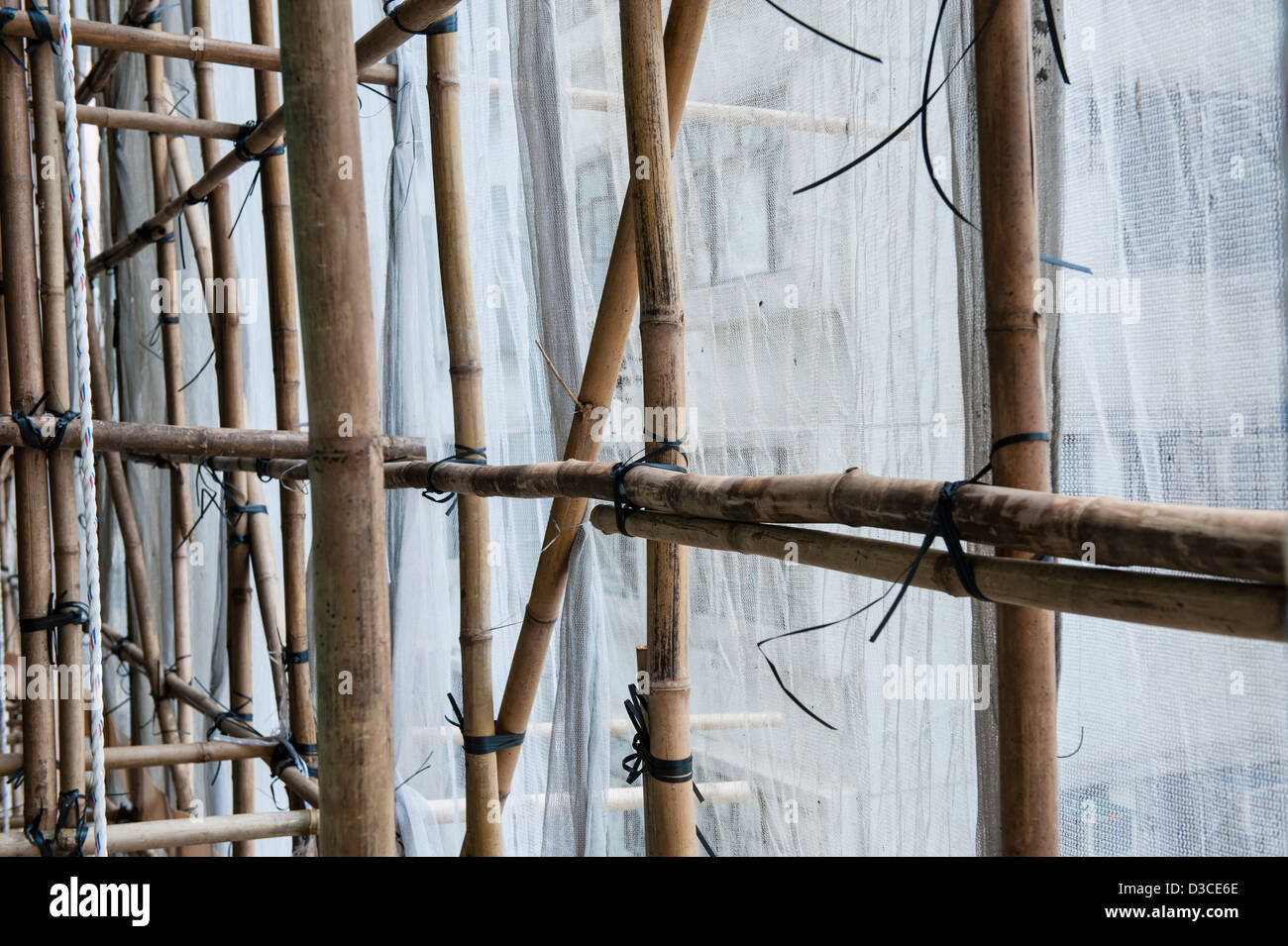 Bamboo scaffolding built up around the Kiu Fat Building ,still being used for its durability, lightness and flexibility. Stock Photo