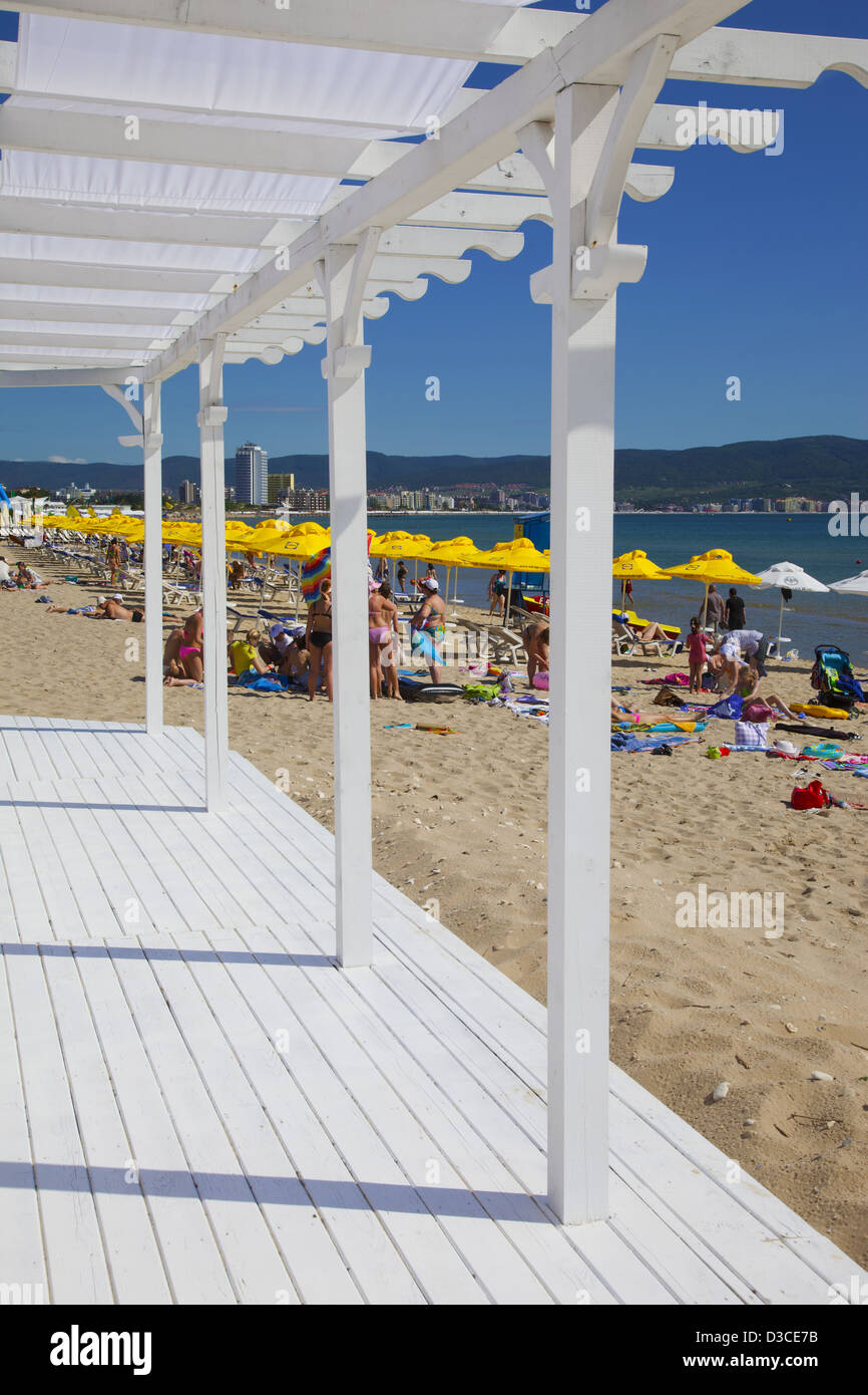Bulgaria, Europe, Black Sea Coast, South Sunny Beach, People Enjoying The Beach, Sunshades. Stock Photo