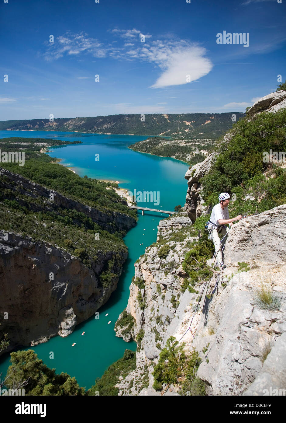 Rock-climber With View Of Lac De Sainte Croix In Background, Canyon Du Verdon, Provence, France, Europe Stock Photo