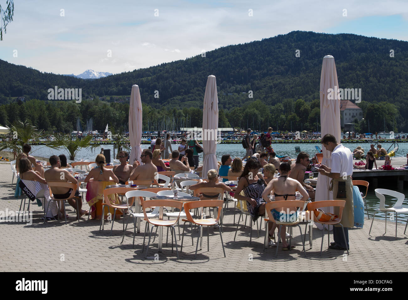 Austria, Carinthia, Klagenfurt Am Worthersee, Lake Worthersee, Restaurant Stock Photo