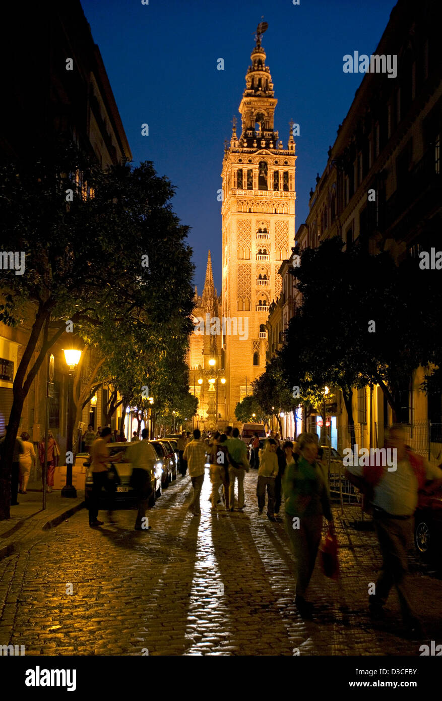 The tower and cathedral of Seville in Spain at night Stock Photo