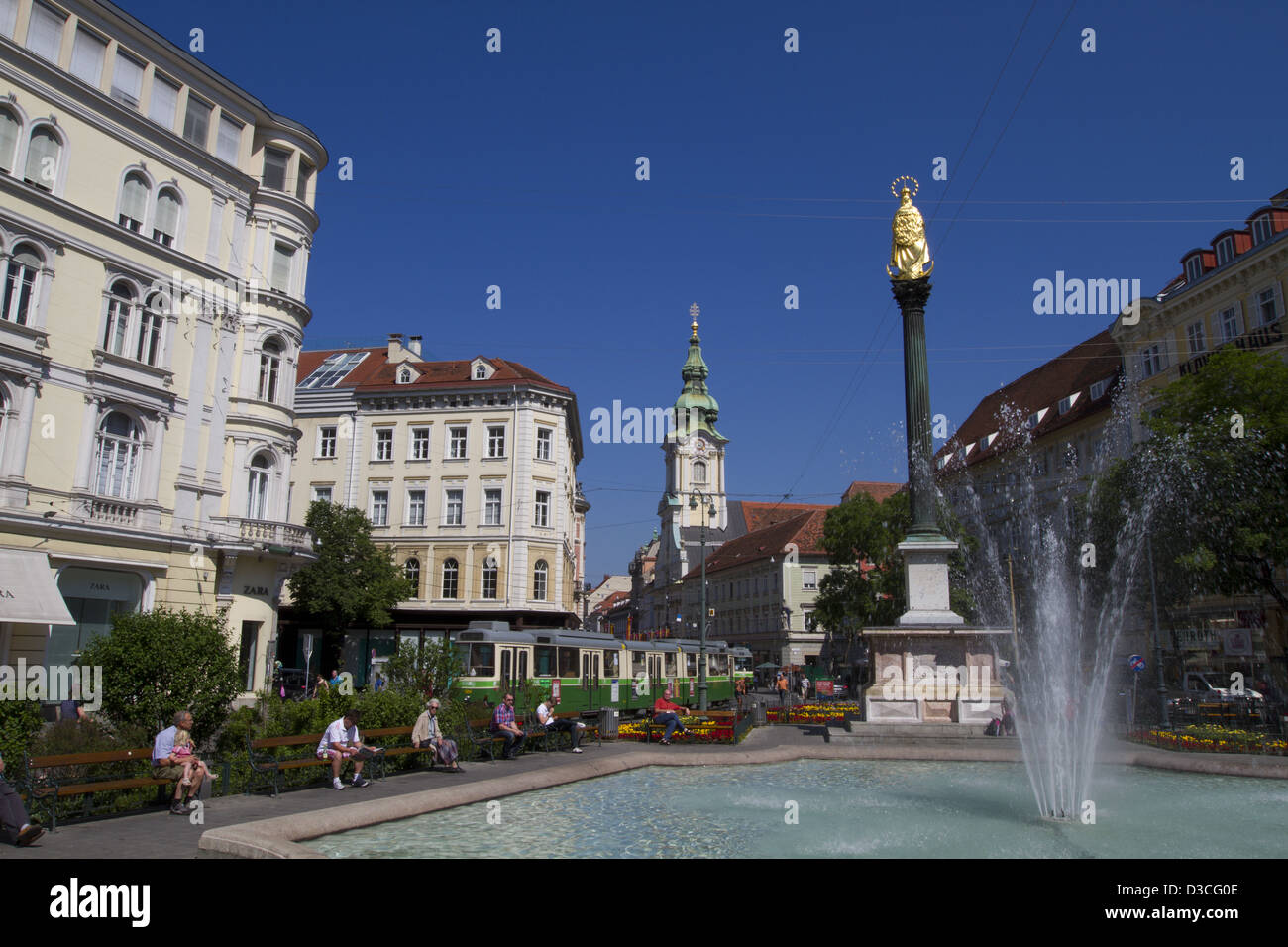 Austria, Styria, Graz, Herrengasse, Jakominiplatz, Mary's Column, Stadtpfarrkirche, ( City Parish Church ), Fountain Stock Photo