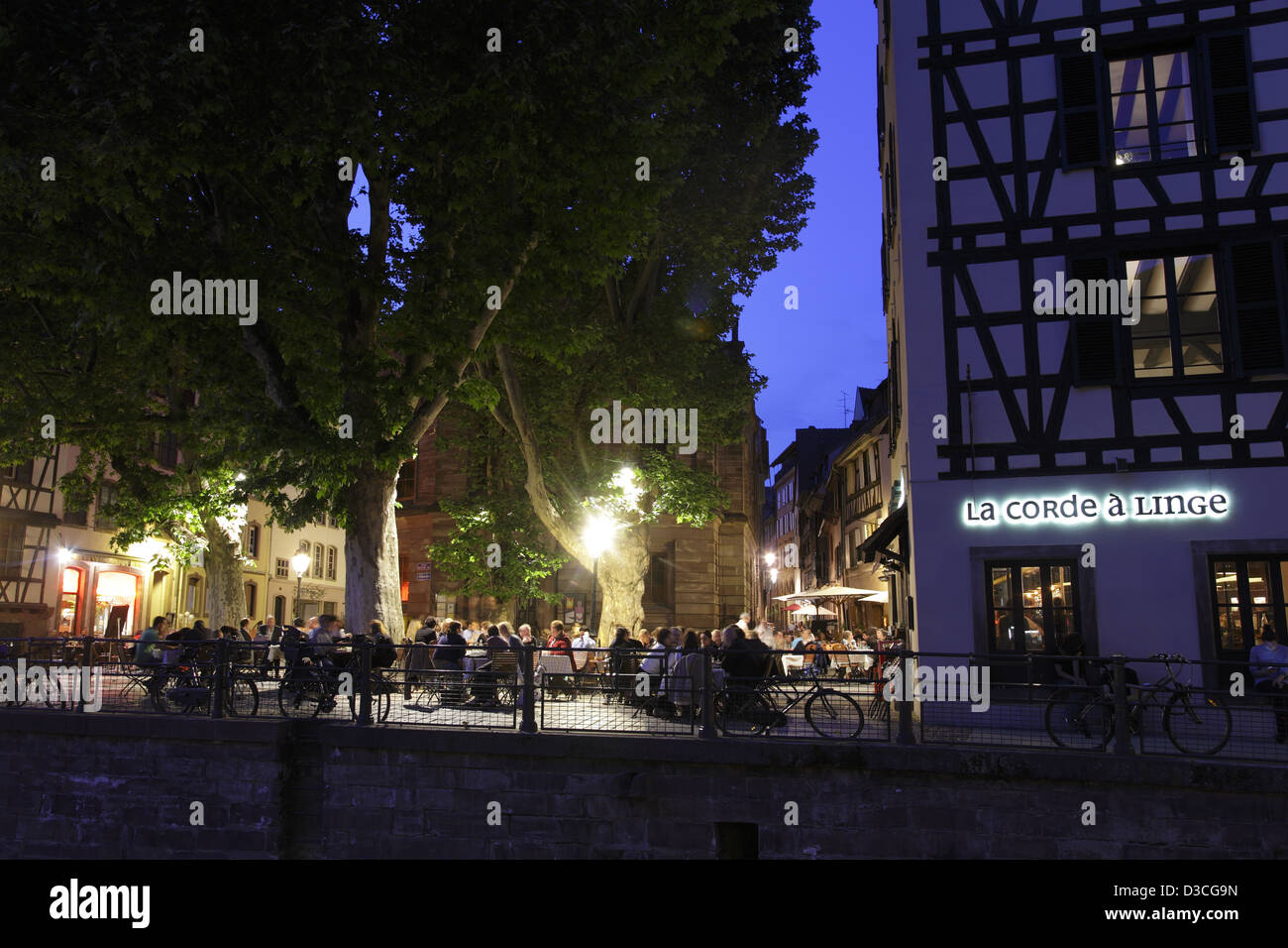 France, Alsace, Bas-rhin, Strasbourg, La Petite France, Place Benjamin Zix, Outdoor Restaurant Stock Photo