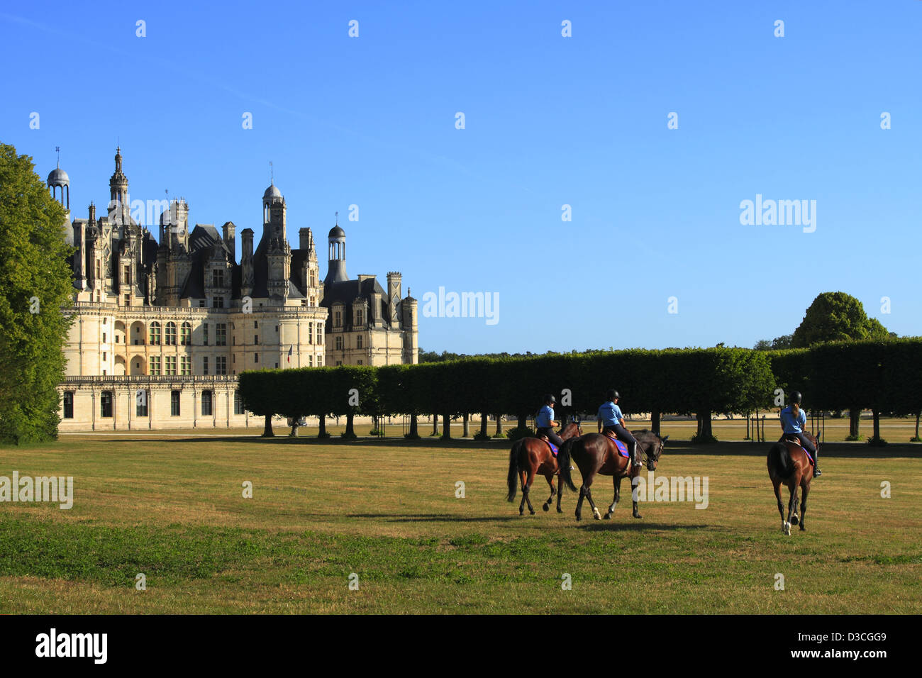 France, Loire Valley, Loir-et-cher, Chambord, Chateau De Chambord, South Side Policewomen Equestrian Training Stock Photo