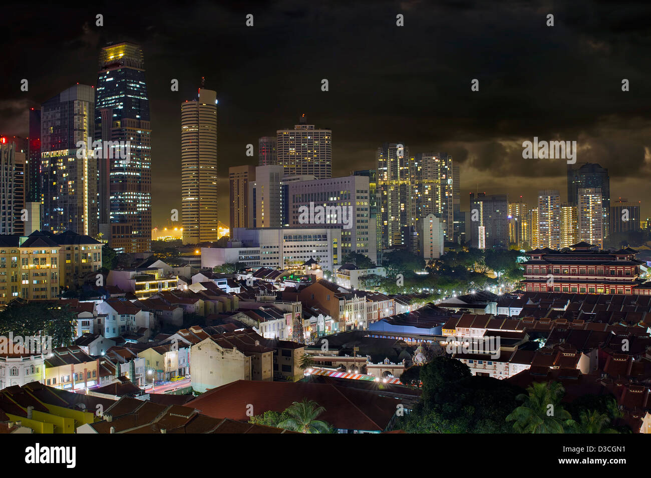 Singapore Central Business District Skyline and Chinatown Cityscape at Night Stock Photo