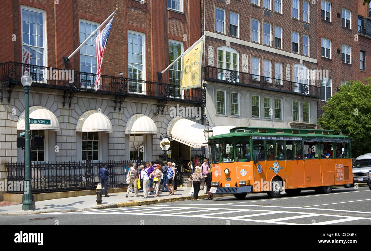 Trolley Tour Bus Outside 'cheers Bar', Boston, Massachusetts, Usa Stock Photo