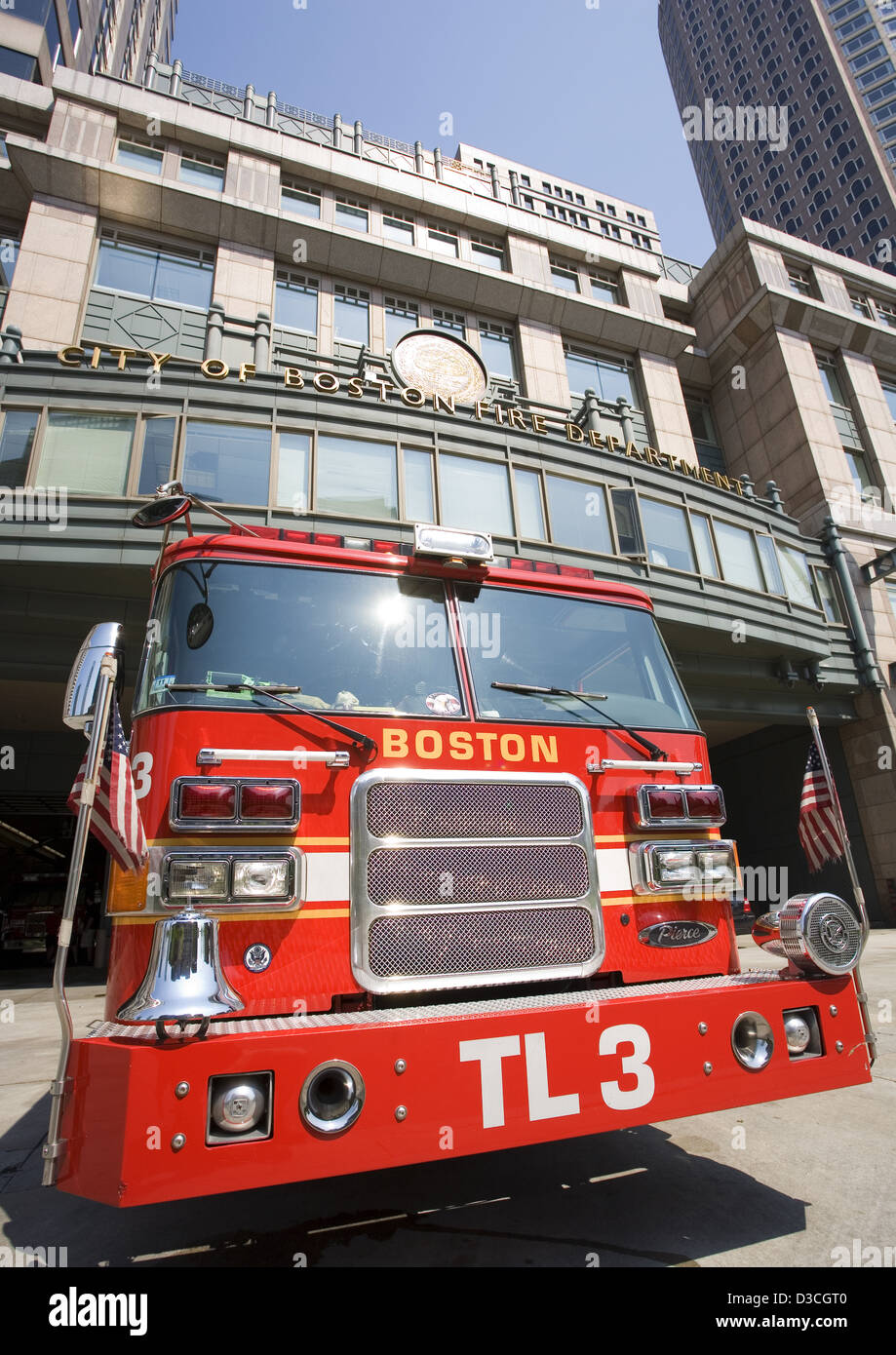 Fire Engine Outside City Of Boston Fire Department, Boston, Massachusetts, Usa Stock Photo