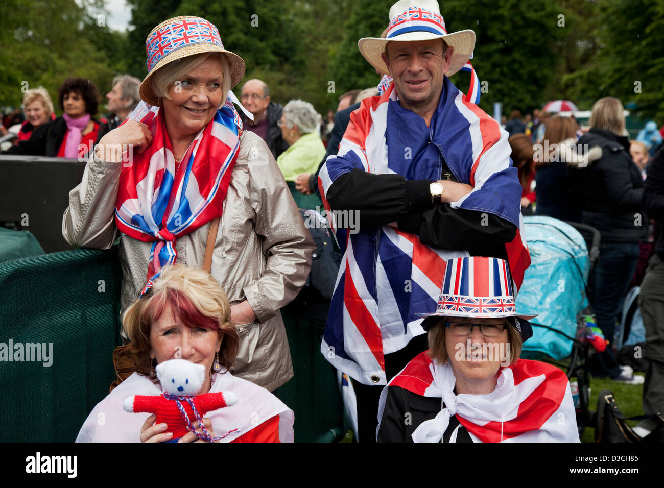 People dressed up for the Queen's Jubilee celebrations in St James' Park, London Stock Photo