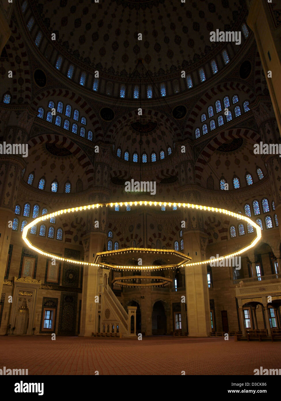 Interior of Sabancı Merkez Camii (English: Sabancı Central Mosque) in Adana, the largest mosque in Turkey. Stock Photo