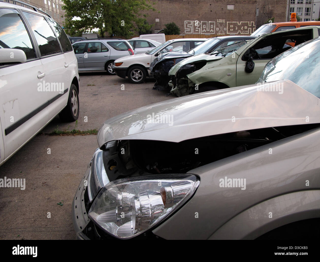 Berlin, Germany, accident cars in the parking lot of a Autohaendlers