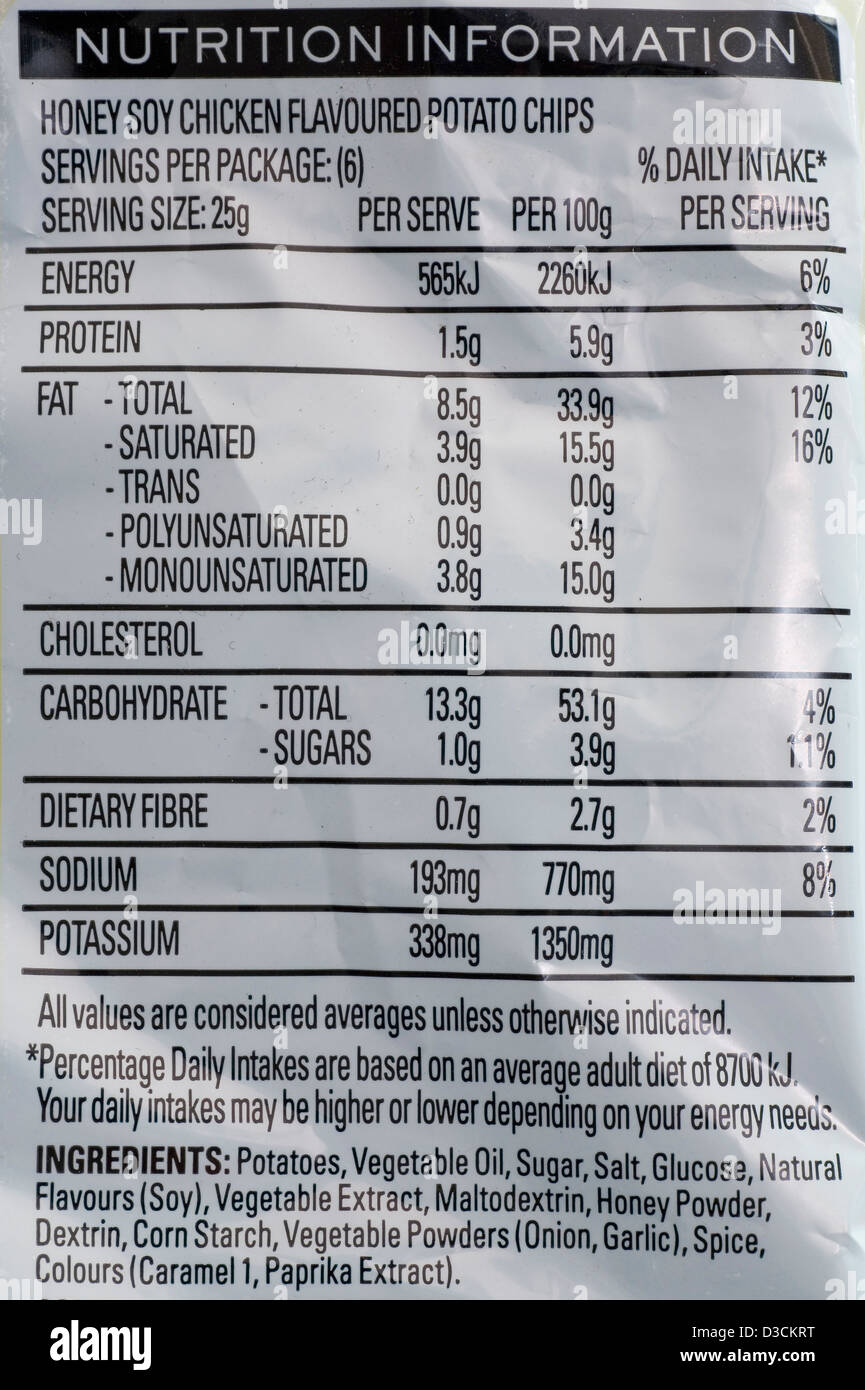 Nutritional information and ingredients on a packet of potato chips. Stock Photo