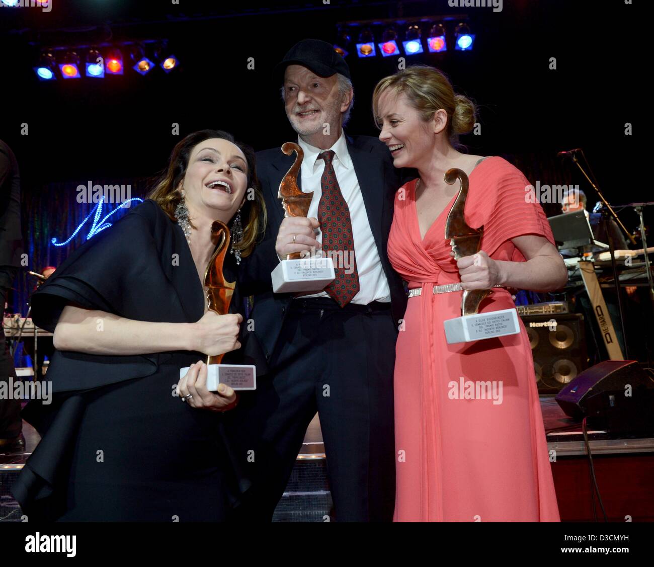 Francesca Neri, Michael Gwisdek and Silke Bodenbender (left ot right) award winners of the Premio Bacco pose with their awards at the Notte delle Stelle, Hotel Maritim during the 63 Berlinale Berlin, 15 February 2013. Stock Photo