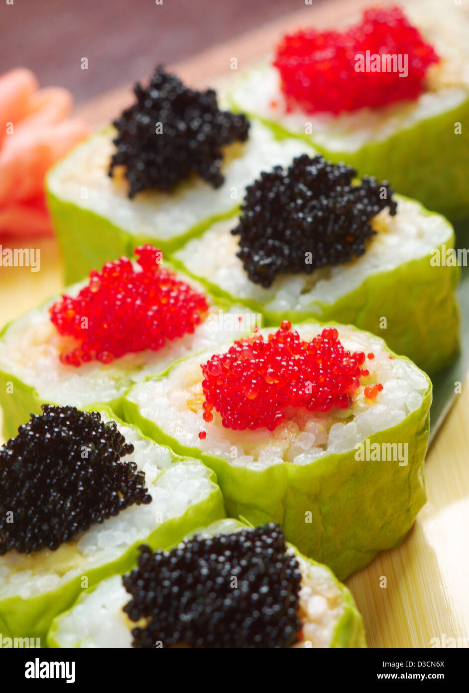 Japanese sushi . traditional japanese food.Roll made of Smoked fish and roe Stock Photo