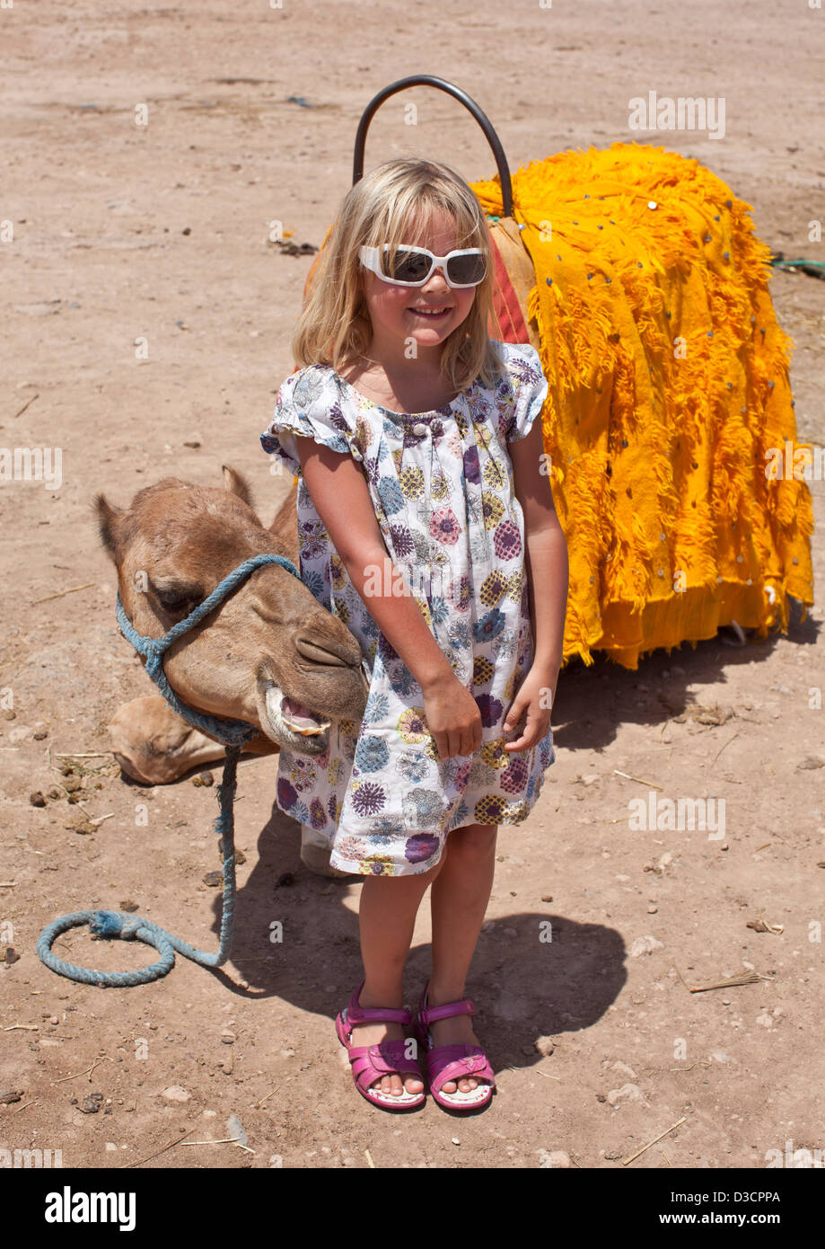 Girl standing by camel, Marrakech, Morocco Stock Photo