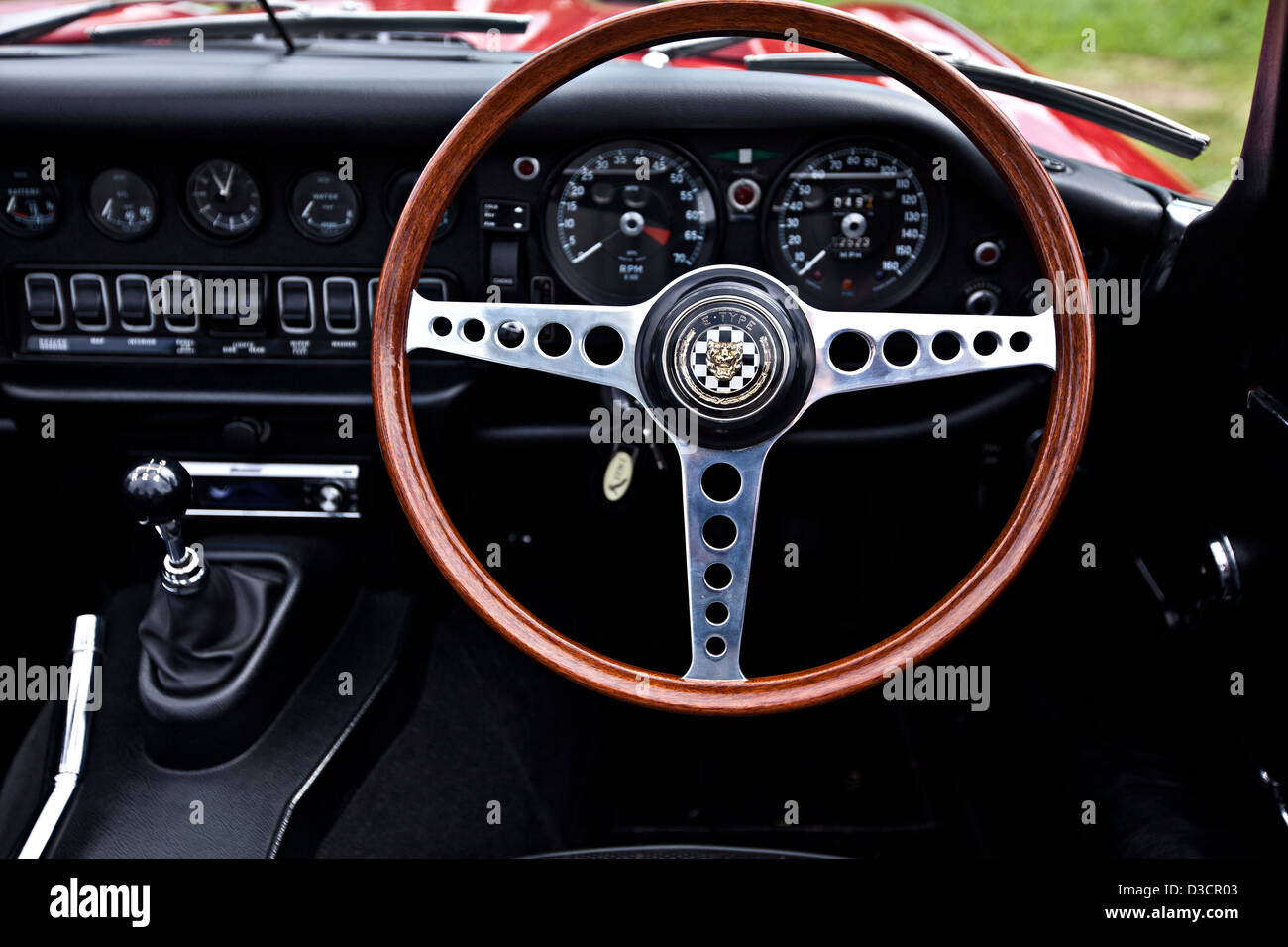 Close up of steering wheel, Jaguar E-Type Stock Photo