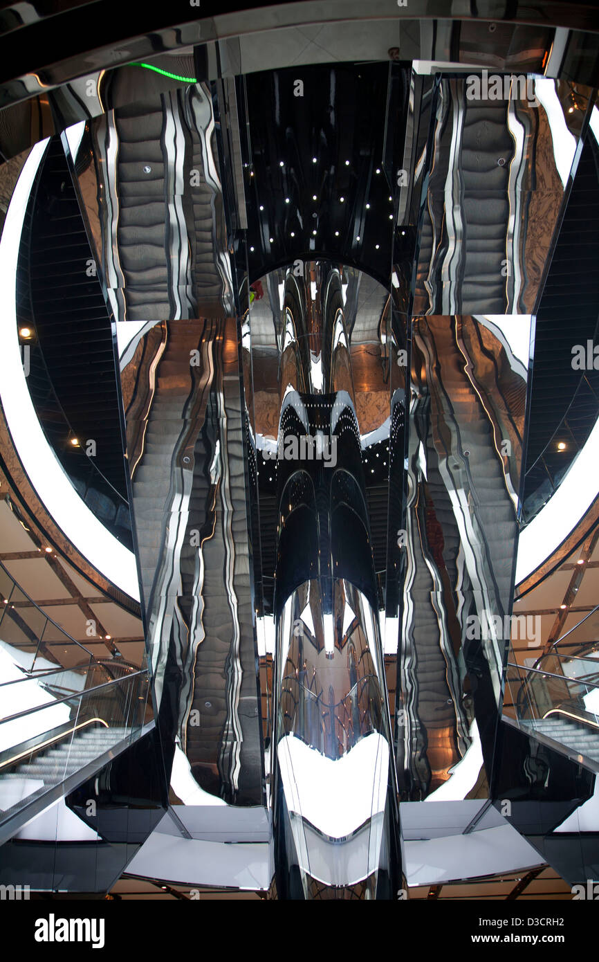 Mirror reflections of the interior of stairway escalator Westfield Shopping Centre Pitt Street