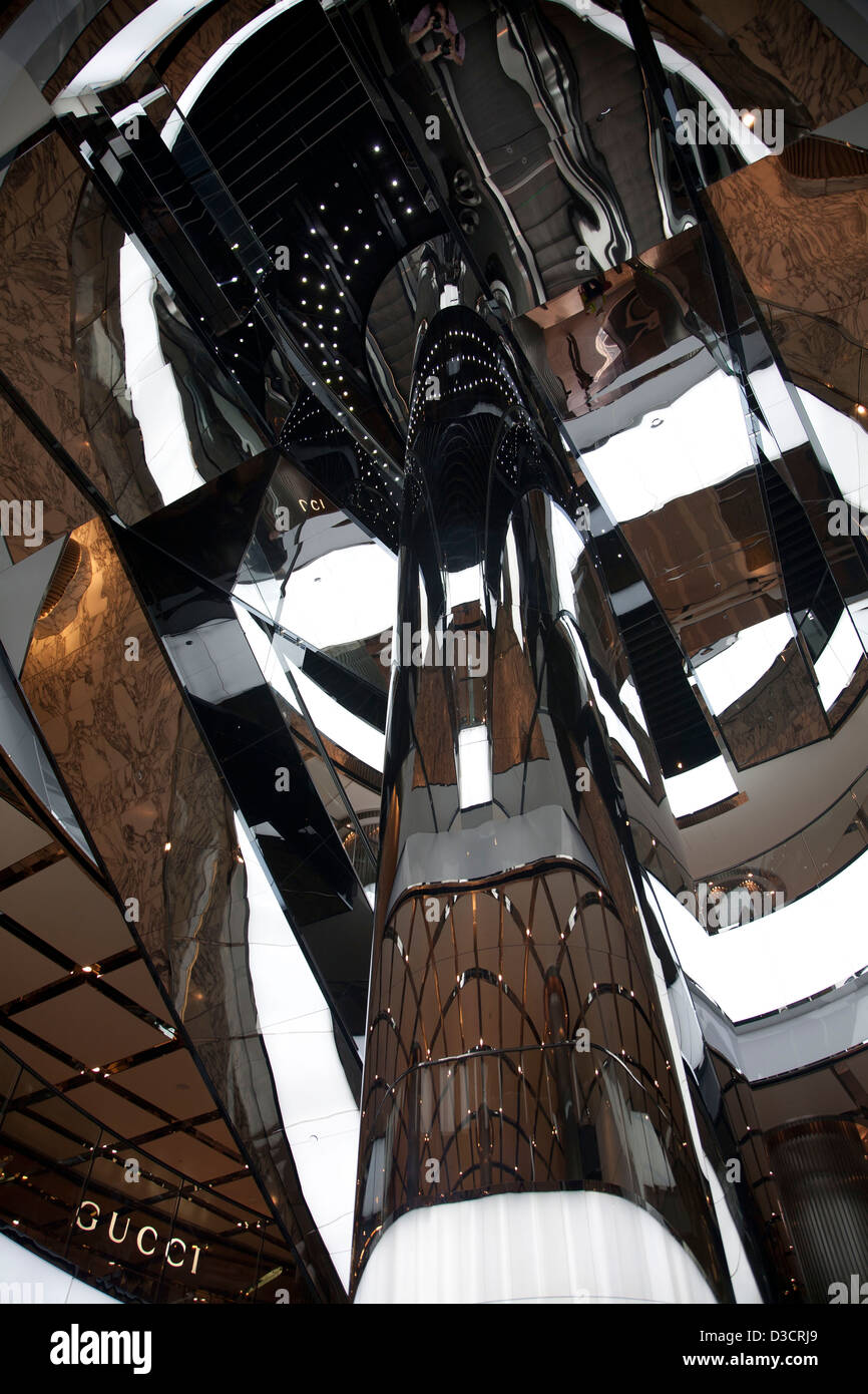 Mirror reflections of the interior of stairway escalator Westfield Shopping Centre Pitt Street