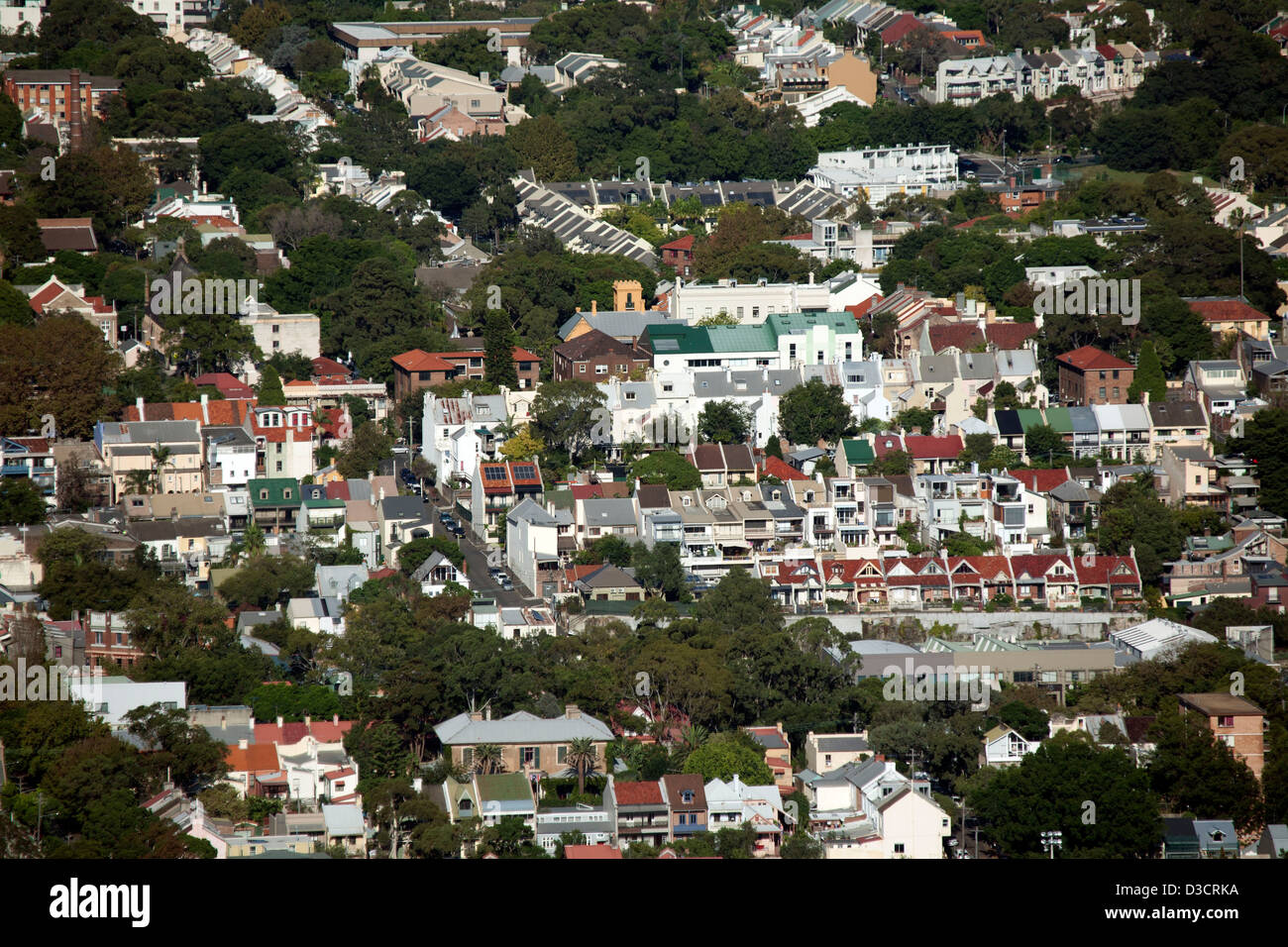 Aerial view of the Victorian terrace houses in the inner city suburb of Paddington Sydney Australia Stock Photo
