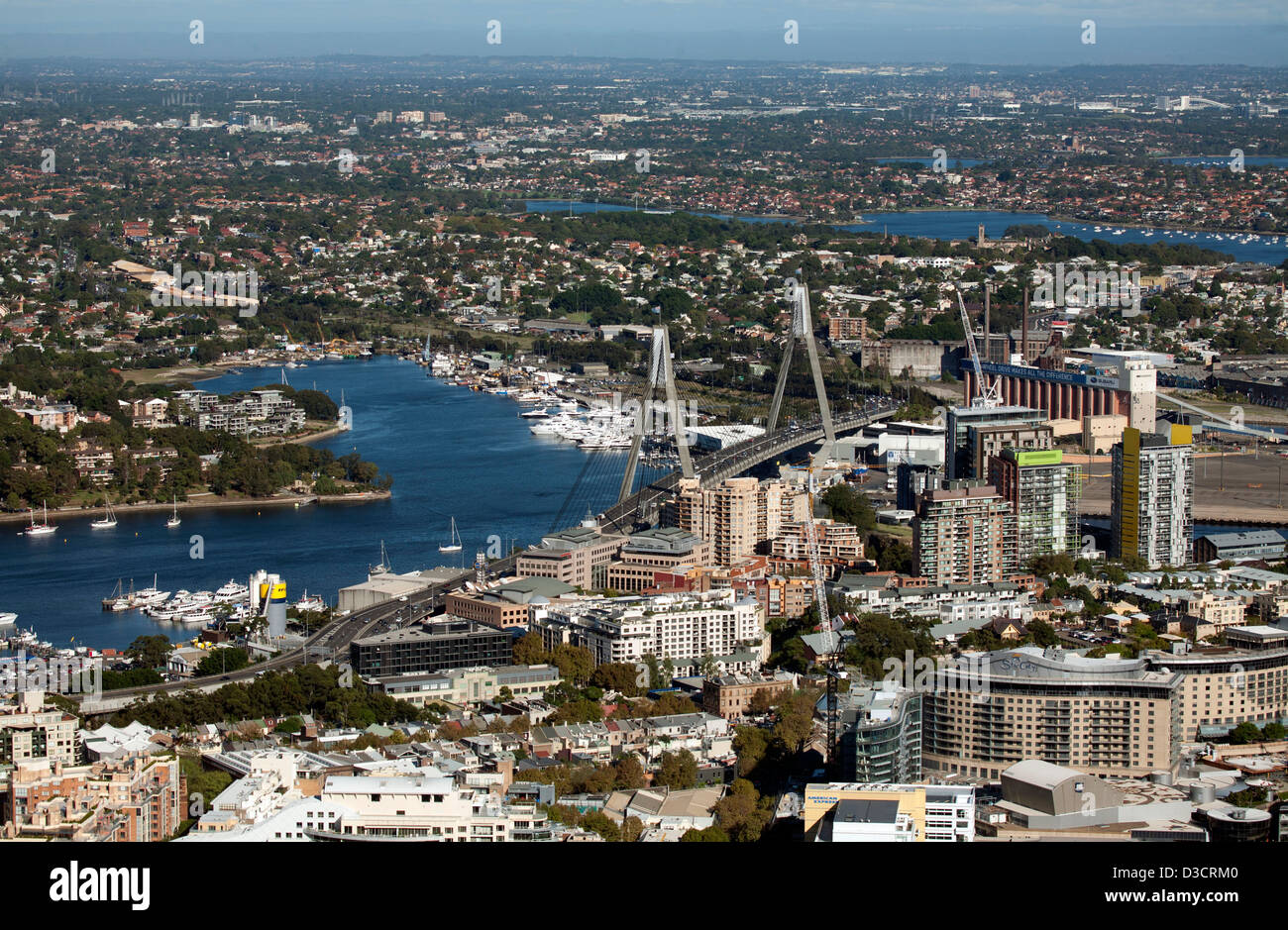 Elevated aerial view of view of ANZAC Bridge, Glebe, Blackwattle Bay ...